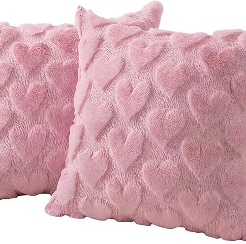 2pcs Valentines Pillow Covers 18x18 inch Valentines Day Decoration Heart Soft Plush Faux Fur Throw Pillows Covers for Bedroom Sofa Holiday Festivals Home Decor(2, Pink, 17.7x17.7inches)