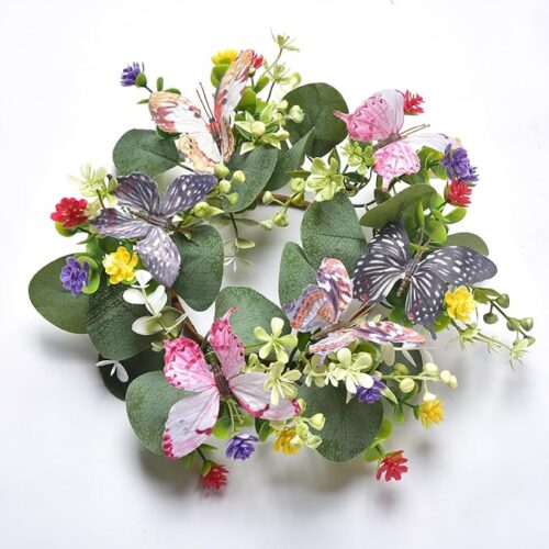 Artificial Green Eucalyptus Leaves Wreaths with Butterfly and Daisy Flower Faux Kitchen Cabinet Wreaths for Apartment Door Wall Window Decor,10 inch