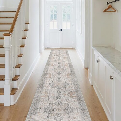 Runner Rug 2x10 Machine Washable Non Slip Vintage Hallway Runner Rug, Low Pile Lightweight Rugs for Indoor Entryway, Hallway, Kitchen and Corridor, Light Taupe Brown