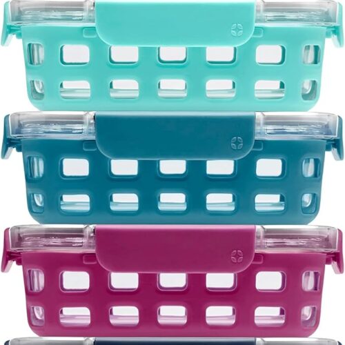 Duraglass 3.4 Cup Meal Prep Sets 10Pc, 5 Pack Set- Glass Food Storage Container with Silicone Sleeve and Airtight BPA-Free Plastic Lids, Dishwasher, Microwave, and Freezer Safe, Evening Orchard