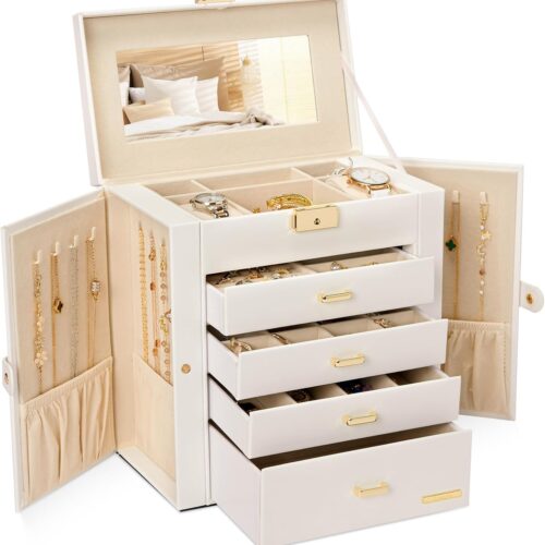 Synthetic Leather Huge Jewelry Box Mirrored Watch Organizer Necklace Ring Earring Storage Lockable Gift Case (White + Gold)
