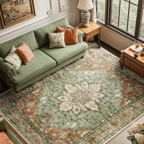 Area Rugs 6'x9' Washable Non-Slip, Floral Vintage Distress Print Pattern Medallion Carpet for Living Room Bedroom Dining Room, Brick Red Rust Neutral Brown Burnt Orange Green