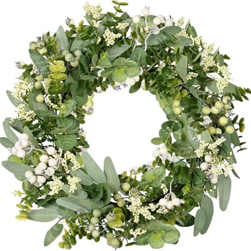 Artificial Spring Summer Christmas Greenery Wreaths for Front Door Green Eucalyptus Leaf Wreath Decor Boxwood with Big Berries for Farmhouse Outside Year Round