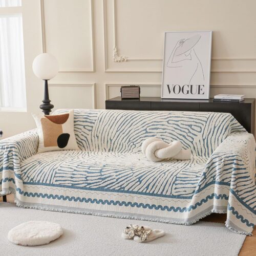 Thicked Striped Couch Cover with Tassel Blue Chenille Sofa Cover Blanket for Sectional Sofa, Soft Sofa Slipcovers for L Shaped Love Seat 2-3 Cushion Couch Anti Slip Sofa Protector, 71"x118"