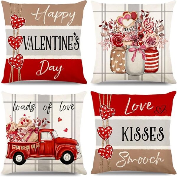 Valentine's Day Pillow Covers 18x18 Set of 4 Valentines Day Red Truck Pillow Covers Loads of Love Farmhouse Cushion Covers Wedding Anniversary Pillow Cases for Home Decor 1