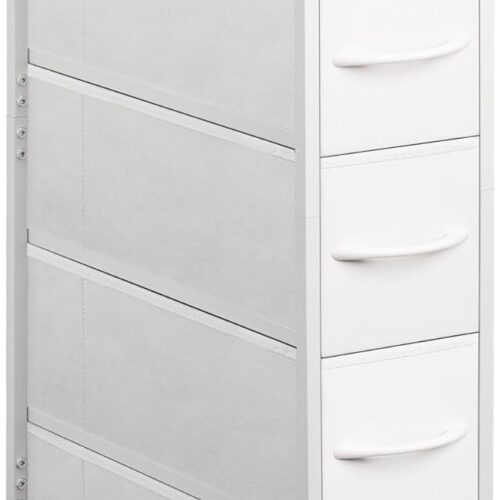 Narrow Dresser Storage Tower with 5 Drawers, Slim Dresser Chest of Drawers with Steel Frame, Wood Top, Dresser for Bedroom, Bathroom, Small Spaces, Laundry, Closet, White