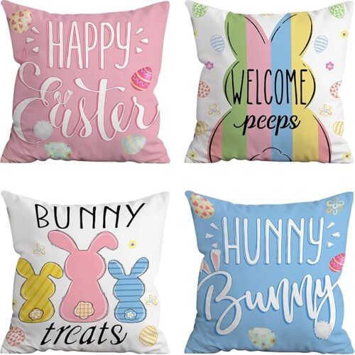 Easter Pillow Covers 18x18 Set of 4, Easter Couch Throw Pillow Covers Bunny Decorations for Sofa, Indoor, Outdoor, Decorative Blue Pink Buffalo Plaid Spring Decor for Home
