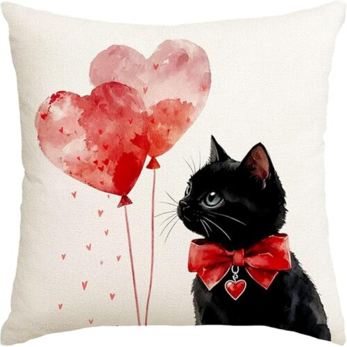 Valentine Pillow Covers 18x18 Inch, Love Heart Balloon Black Cat Cute Outdoor Romantic Holiday Party Cushion Cases Valentines Decoration for The Home Sofa (White, 18" x 18")