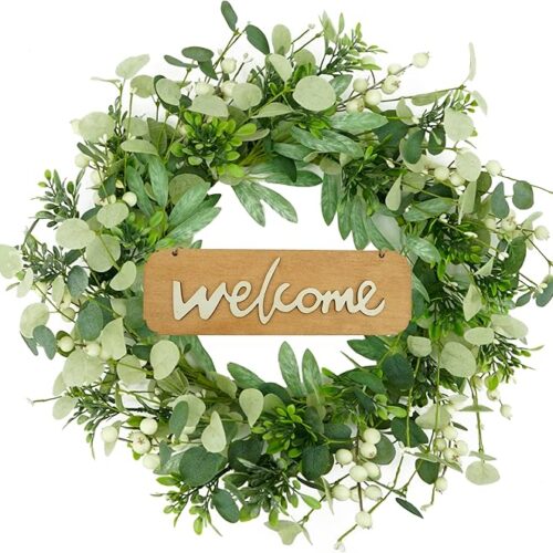 Wreaths for Front Door Spring Summer Fall Wreath with Welcome Sign,Eucalyptus Leaf,Olive Leaves,Berry for Front Door Farmhouse Indoor Outdoor Festival Porch Home Decor