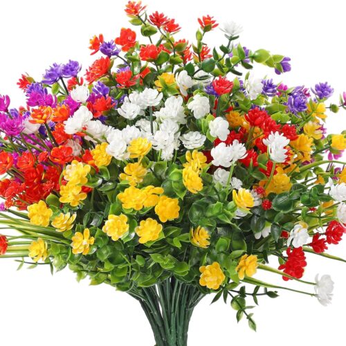 12 Bundles Artificial Flowers Outdoor, UV Resistant Faux Artificial Plants Shrubs Plastic Flower Bulk for Hanging Planter Porch Window Home Spring Summer Decor(Multi Color)