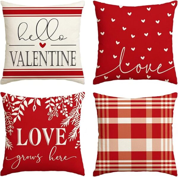 colorlife Valentine's Day Red and White Love Throw Pillow Covers, 18 x 18 Inch Hello Valentine Plaid Wedding Cushion Case Decoration for Sofa Couch Set of 4 1