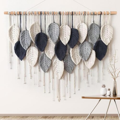 Macrame Wall Hanging Leaf Woven Tapestry Bohemian Chic Wall Hanging Feather Large Handmade Wall Art Decor for Bedroom Living Room Apartment Ornament, 39 inch