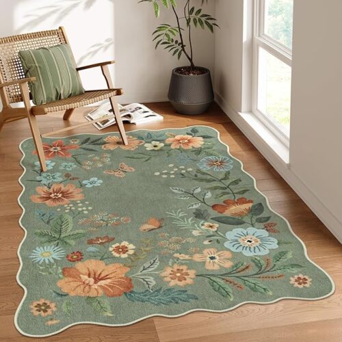 Floral Washable Rugs, 4X6 Rug for Bedroom Ultra-Thin Soft Dining Room Rug, Non-Slip Living Room Rugs Stain Resistant Boho Rug Lightweight Low-Pile Throw Rug for ‎Office (4x6ft,Green)