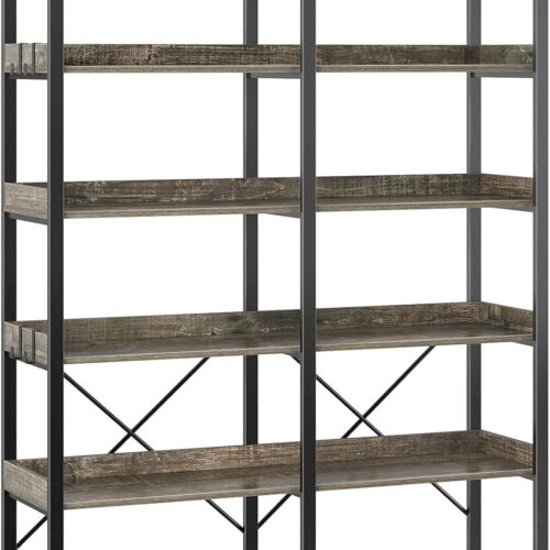 Bookshelf 6 Tier with 4 Hooks，67”Industrial Wooden Bookcase, Vintage Storage Rack with Open Shelves, Rustic Standing Bookshelves Metal Frame 43.3” Wide Display Rack, Gray