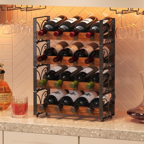 Wine Rack Freestanding Floor with Patent Design, Wooden & Metal Wine Bottle Holder, 4 Tier 16 Bottles Stackable Wine Storage Racks for Kitchen Counter or Bar, Wine Display Shelf