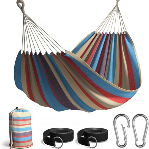 Brazilian Double Hammock - Extra-Long Two Person Portable Hammock Bed for Indoor or Outdoor Spaces - Hanging Rope, Carrying Pouch Included (Blue/Sand/Purple/Red Stripes)