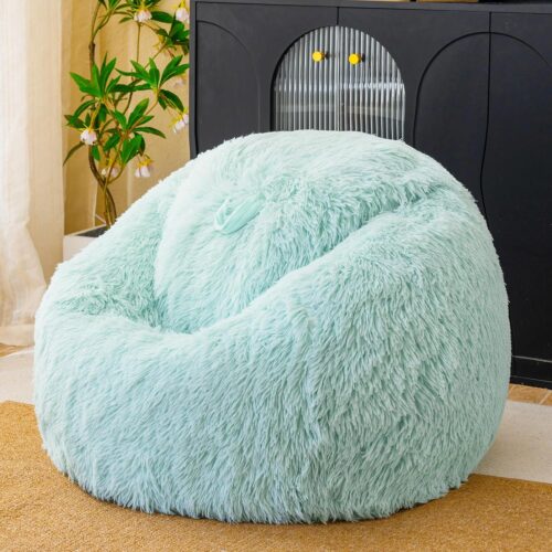 Mint Green Fuzzy Bean Bag Chair Covers (No Filler), Comfy Fluffy Mint Green Bean Bag Chair Cover for Bedroom, Stuffed Animal Storage, Kids Adults Teens Girls Bean Bag Chairs, Anti-Slip