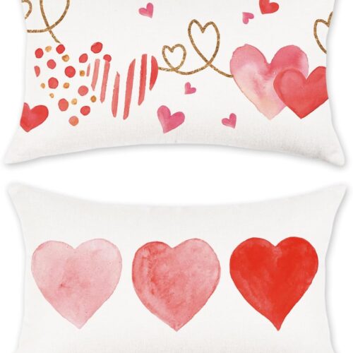 Valentine Pillow Covers 12x20 Inch Set of 2 Red Pink Love Heart Pillow Cases Valentine’s Day Wedding February Holiday Farmhouse Decorative Cushion Covers for Sofa Couch Home Decor