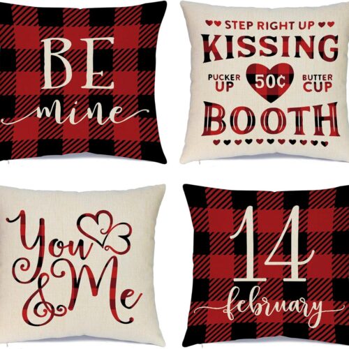 Valentines Day Pillow Covers 18x18 inch Set of 4 Valentine Decorations for Home Decor Red Black Buffalo Check Valentines Day Throw Pillows Decorative Cushion Cases