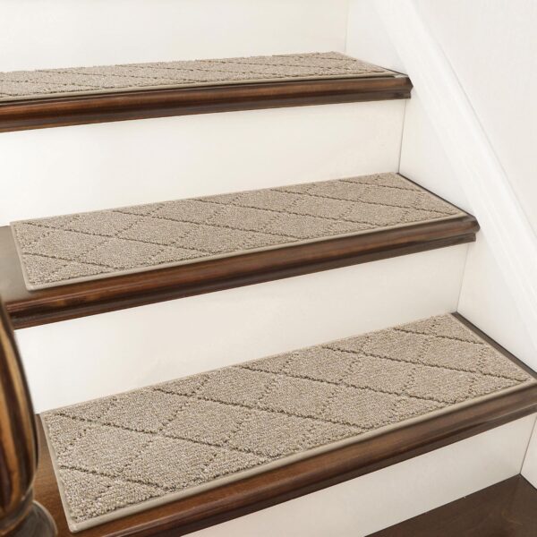 Edging Stair Treads Non-Slip Carpet Mat 28inX9in Indoor Stair Runners for Wooden Steps, Edging Stair Rugs for Kids and Dogs, 100% Polyester TPE Backing (15pc, Beige) 1