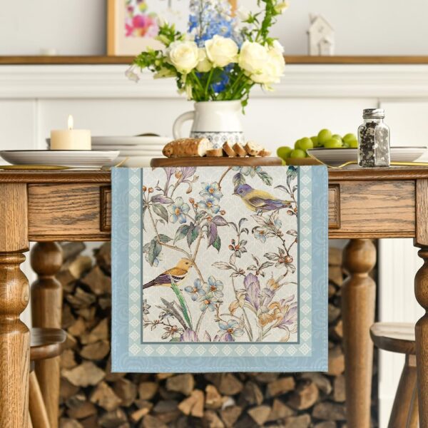 Blue Birds Flowers Blossom Table Runner, Seasonal Spring Floral Kitchen Dining Table Decoration for Home Party Decor 13x72 Inch 2