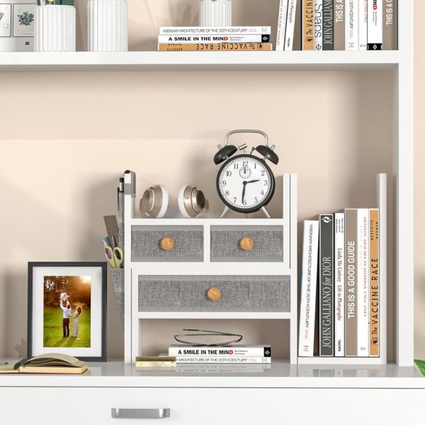 White Wood Adjustable Desk Shelf with 3 Drawers – Desktop Organizer 4