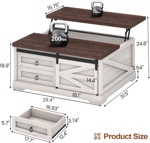 Lift Top Coffee Table, White, Storage Compartment & 2 Drawers, 39.4" 4