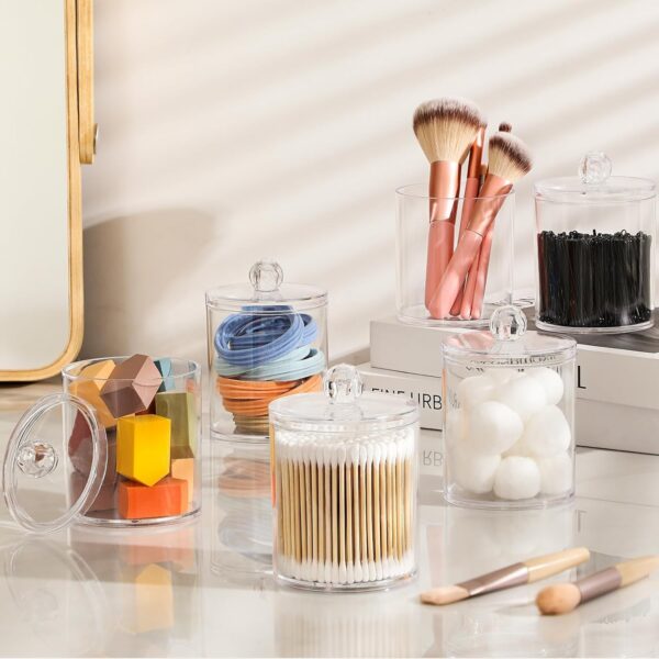 4 Pack Acrylic Qtip Holder Dispenser for Cotton Swabs, Balls, Pads, Floss Picks- Small Clear Plastic Canister Apothecary Jar Set, Bathroom Essentials Accessories Decor, Vanity Makeup Storage Organizer 1