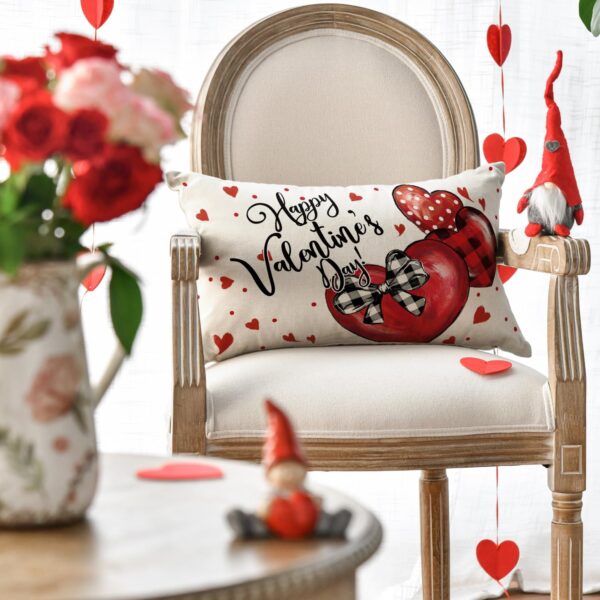 Happy Valentine's Day Red Love Heart Throw Pillow Cover, 12 x 20 Inch Bowknot Buffalo Plaid Polka Dot Anniversary Wedding Cushion Case Decoration for Sofa Couch 2