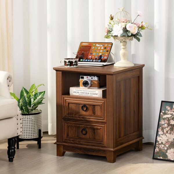18" Farmhouse Night Stand with Charging Station, 2 Drawers End Table Dresser for Bedroom, Brown Wooden Nightstand, Bed Side Table with Open Shelf, Bedside Cabinet for Living Room, Closet 2