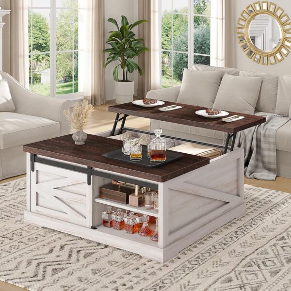 Lift Top Coffee Table, White, Storage Compartment & 2 Drawers, 39.4" 3