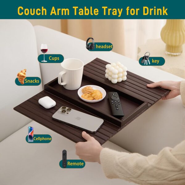 Bamboo Couch Arm Tray Table,Foldable Sofa Armrest Tray Table for Couch,Flexible and Anti-Slip Couch Arm Cup Holder,Portable Sofa Arm Chair Table for Drink,Cups, Eats,Snacks, Phone, Remote 3