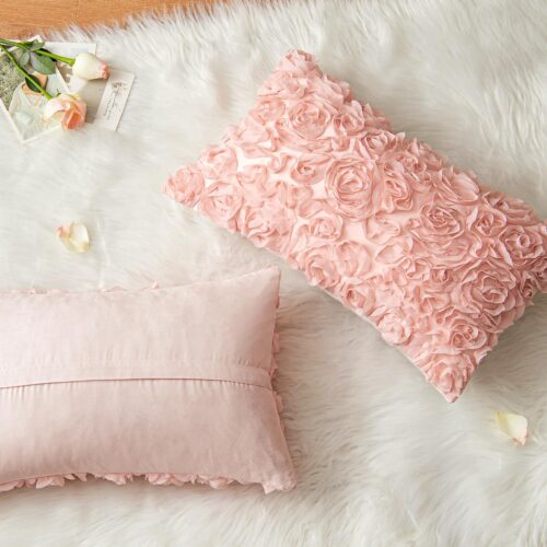 3D Rose Flower Pillow Cover Decorative Valentines Romantic Stereo Chiffon Spring Aesthetic Solid Pillowcase for Girl Women Girlfriend Couch Bedroom Decor 12x20 Inch Peach Pink