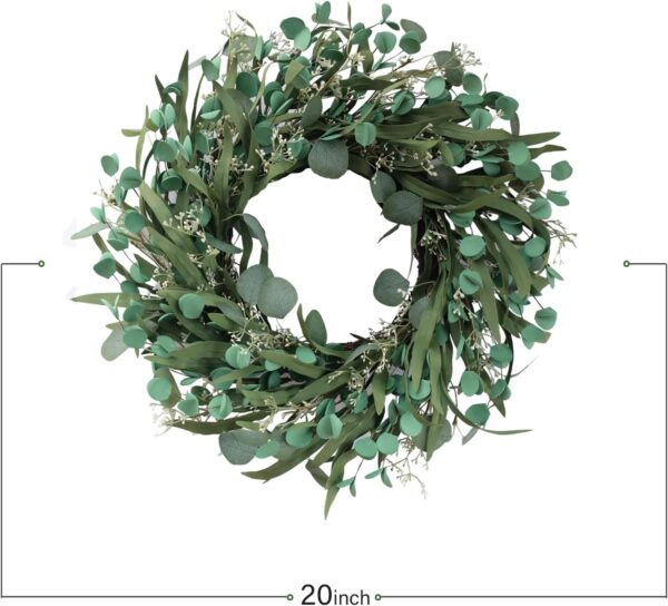 20 Inch Artificial Eucalyptus Leaves Wreath Greenery Spring/Summer Wreath for Front Doors, Walls, Farmhouse (Indoor/Outdoor Use) 3