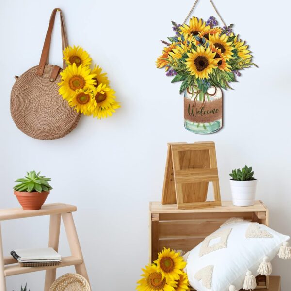 Sunflower Welcome Door Sign Summer Wooden Wreaths for Front Door Decoration Wood Hanging Farmhouse Fall Wall Porch Art Home Kitchen Bedroom Living Room Indoor Outdoor Ornaments 3