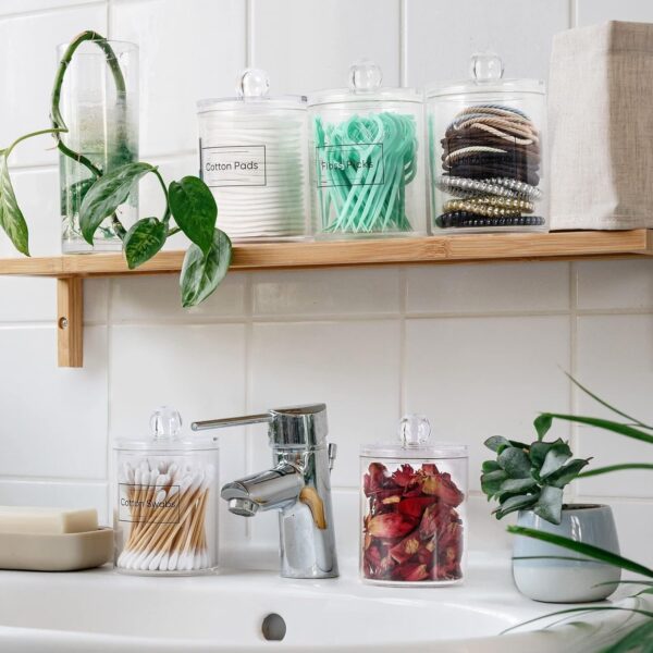 4 Pack Acrylic Qtip Holder Dispenser for Cotton Swabs, Balls, Pads, Floss Picks- Small Clear Plastic Canister Apothecary Jar Set, Bathroom Essentials Accessories Decor, Vanity Makeup Storage Organizer 3