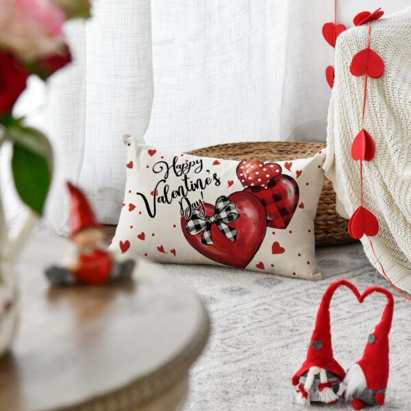 Happy Valentine's Day Red Love Heart Throw Pillow Cover, 12 x 20 Inch Bowknot Buffalo Plaid Polka Dot Anniversary Wedding Cushion Case Decoration for Sofa Couch 3