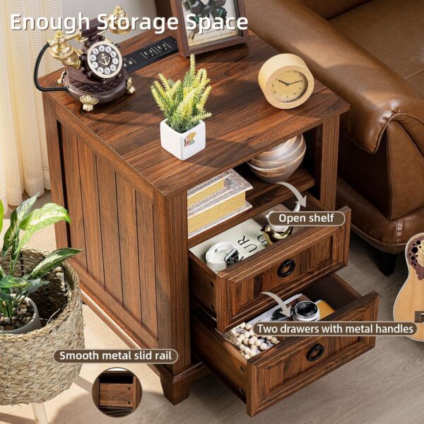 18" Farmhouse Night Stand with Charging Station, 2 Drawers End Table Dresser for Bedroom, Brown Wooden Nightstand, Bed Side Table with Open Shelf, Bedside Cabinet for Living Room, Closet 3