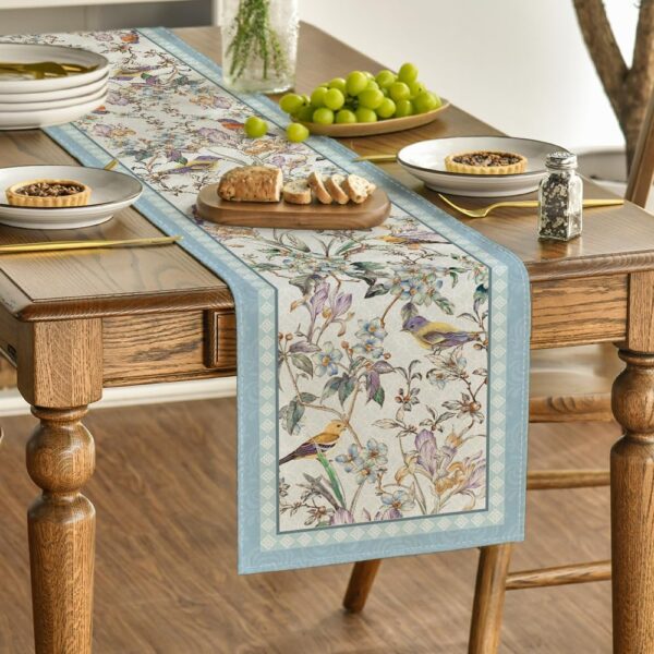 Blue Birds Flowers Blossom Table Runner, Seasonal Spring Floral Kitchen Dining Table Decoration for Home Party Decor 13x72 Inch 3