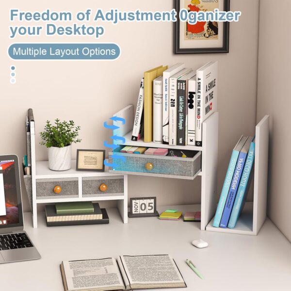 White Wood Adjustable Desk Shelf with 3 Drawers – Desktop Organizer 2