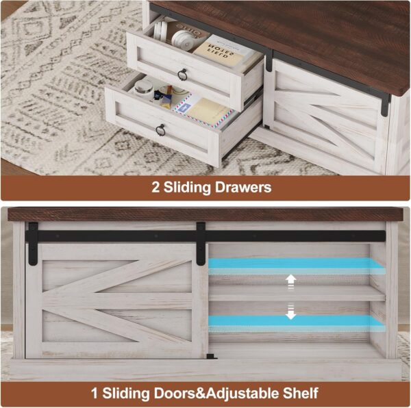 Lift Top Coffee Table, White, Storage Compartment & 2 Drawers, 39.4" 2