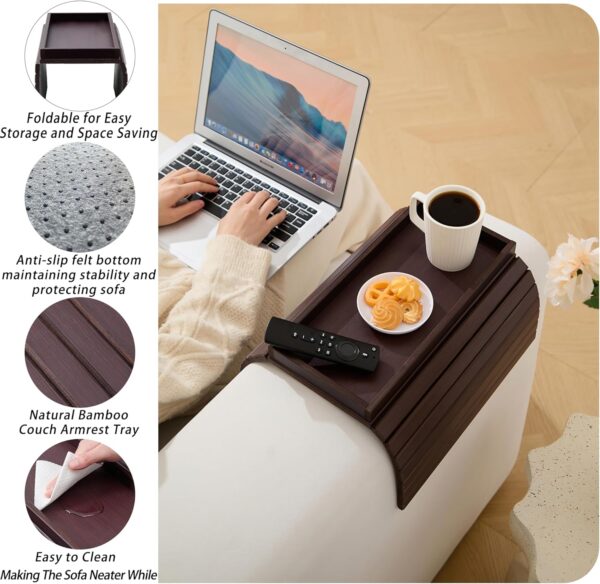 Bamboo Couch Arm Tray Table,Foldable Sofa Armrest Tray Table for Couch,Flexible and Anti-Slip Couch Arm Cup Holder,Portable Sofa Arm Chair Table for Drink,Cups, Eats,Snacks, Phone, Remote 4