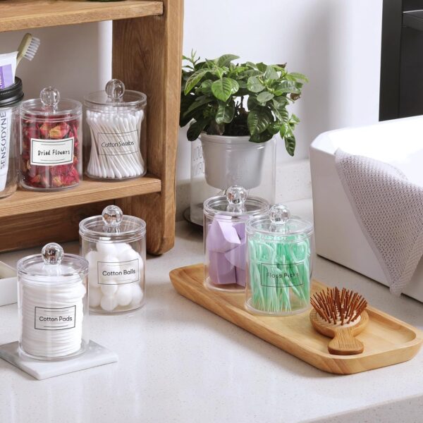 4 Pack Acrylic Qtip Holder Dispenser for Cotton Swabs, Balls, Pads, Floss Picks- Small Clear Plastic Canister Apothecary Jar Set, Bathroom Essentials Accessories Decor, Vanity Makeup Storage Organizer 2