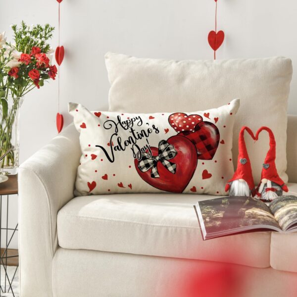 Happy Valentine's Day Red Love Heart Throw Pillow Cover, 12 x 20 Inch Bowknot Buffalo Plaid Polka Dot Anniversary Wedding Cushion Case Decoration for Sofa Couch 4