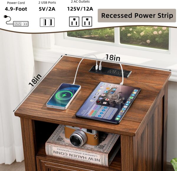 18" Farmhouse Night Stand with Charging Station, 2 Drawers End Table Dresser for Bedroom, Brown Wooden Nightstand, Bed Side Table with Open Shelf, Bedside Cabinet for Living Room, Closet 4