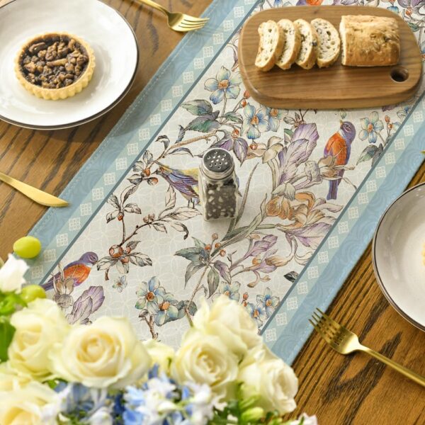 Blue Birds Flowers Blossom Table Runner, Seasonal Spring Floral Kitchen Dining Table Decoration for Home Party Decor 13x72 Inch 4