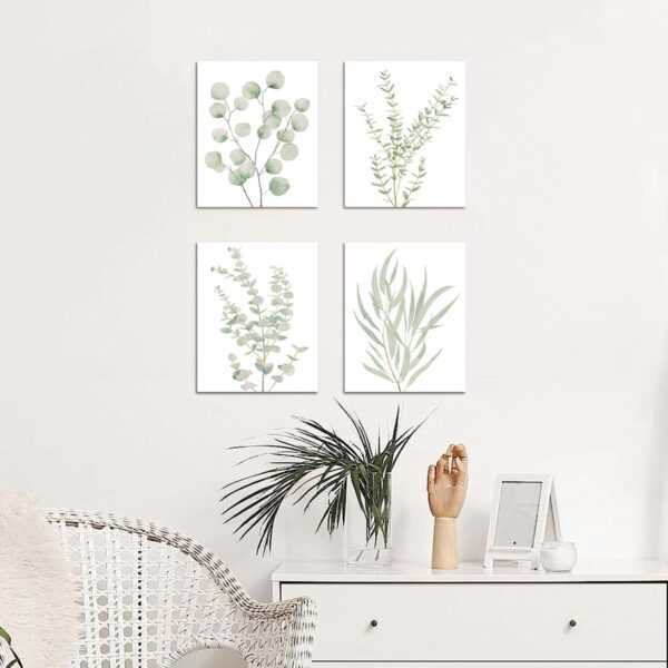Botanical Plant Canvas Wall Art, Framed Boho Wall Decor for Bathroom, Minimalist Aesthetic Bedroom Wall Art, Sage Green Eucalyptus Leaf Prints for Office, Set of 4PCS, 8”X10” 4