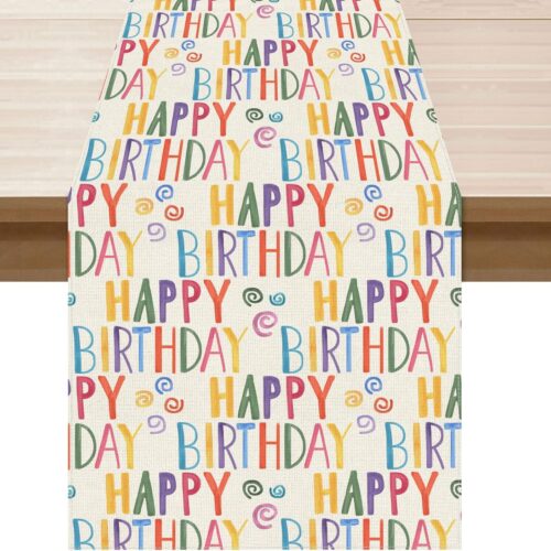 Happy Birthday Colorful Table Runner Burlap Table Decoration for Home Kitchen Dining Dinner Indoor Holiday Party Farmhouse Decor 13x72 Inch