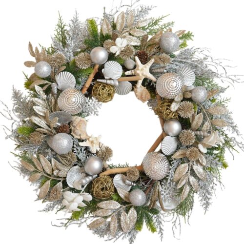 22 Inch Champagne Gold & Silver Seashell Wreath for Front Door, Coastal Summer Wreath with Natural Starfish, Abalone and Sand Dollars, Under The Sea Theme for Indoor Outdoor Decor
