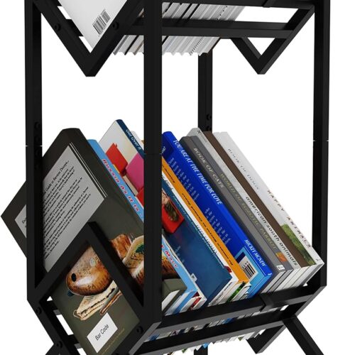 Bookshelf Book Rack Industrial Metal Bookcase 2 Tier Holder with Wheels Modern Stylish Design Magazines Files Album Recipe Book Storage Organizer for Sofa End Bed Beside